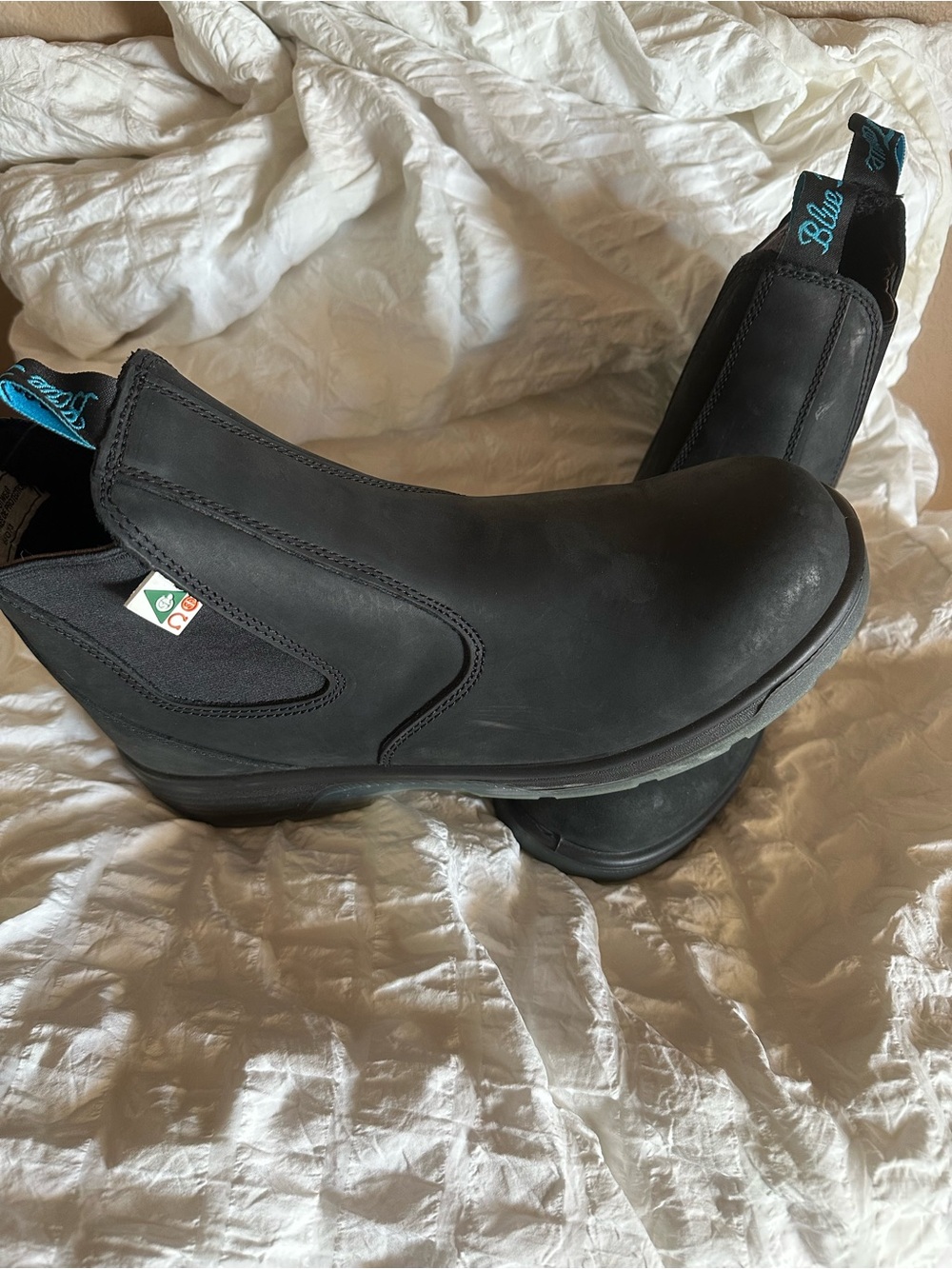 Men's Black Slip-On Work Chelsea Boots with Blue Pull Tabs